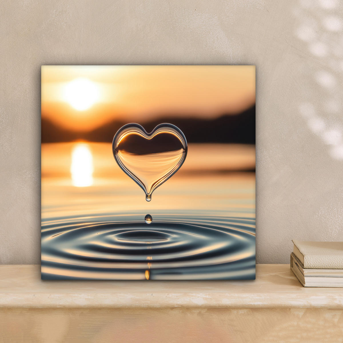 LEINWANDBILD - Herz - Wasser - Sonnenuntergang - Natur - Zen - 20x20 - Wandbilder - Bernsteinfarben, Textil (20/20cm) - MuchoWow