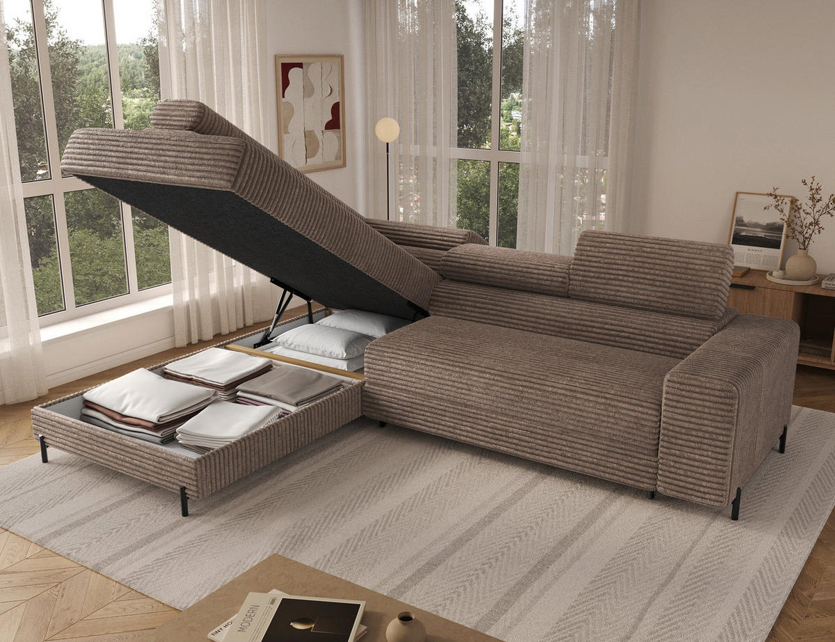 ECKSOFA COLESIO L-Form, Schlaffunktion, Bettkasten, verstellbare Kopfstützen, Wellenfederung, Metallfüße, breiter Cordstoff - Beige/Schwarz, Kunststoff/Metall (269/204cm) - Wohnideebilder