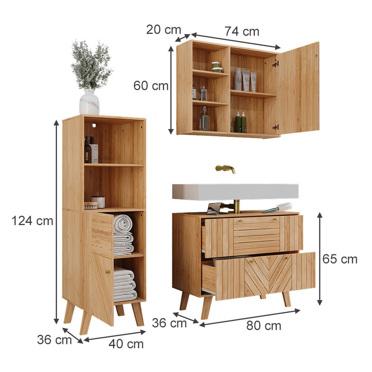 BADMÖBEL-SET Lucie Bambus 3 Teile - Grün, Holzwerkstoff (80/65/36cm) - Vicco