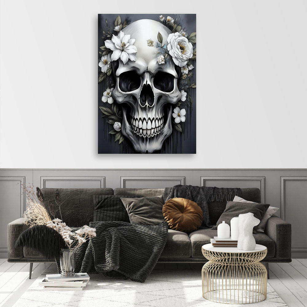 WANDBILD totenkopf mit weißen blumen - Grau, Textil (80/120cm) - Feeby