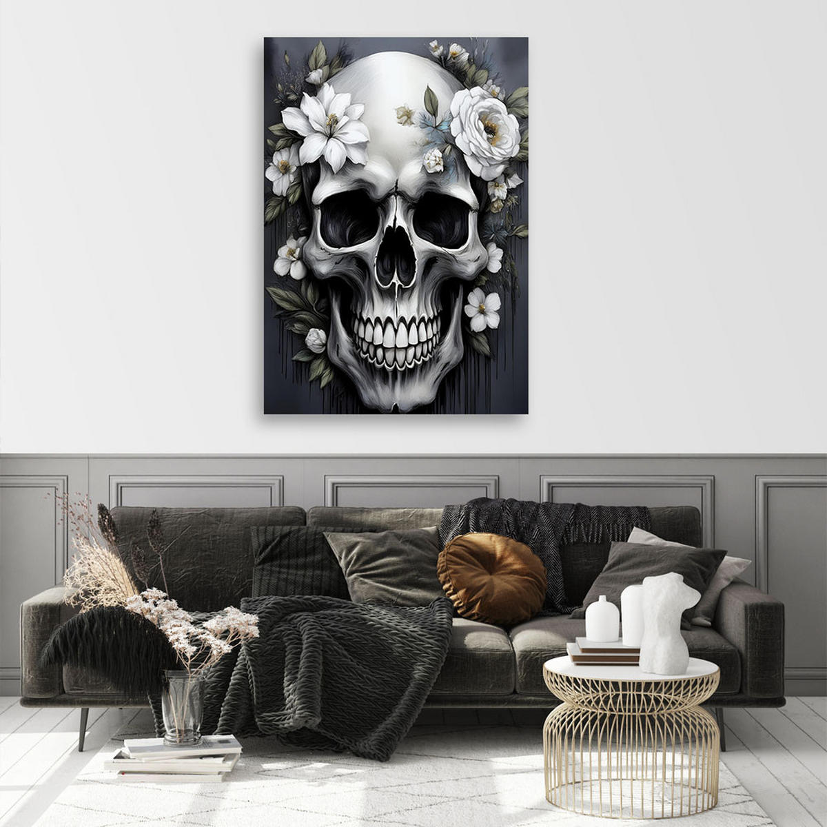 WANDBILD totenkopf mit weißen blumen - Grau, Textil (40/60cm) - Feeby
