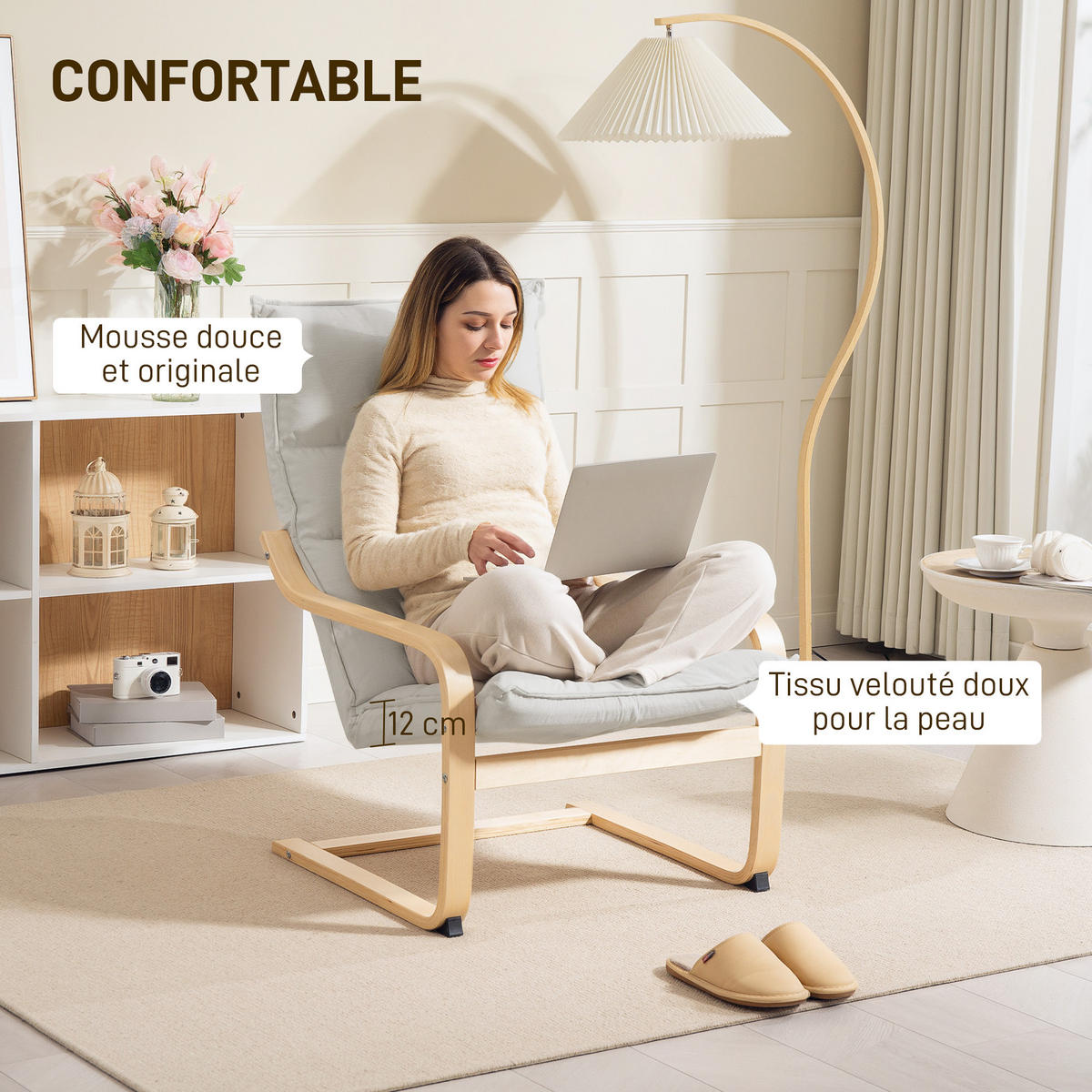 ARMLEHNSTUHL DE-13253 geschwungene Armlehnen & dickes Polster Creme - Creme, Holz (67/105/83cm) - ComfortXL