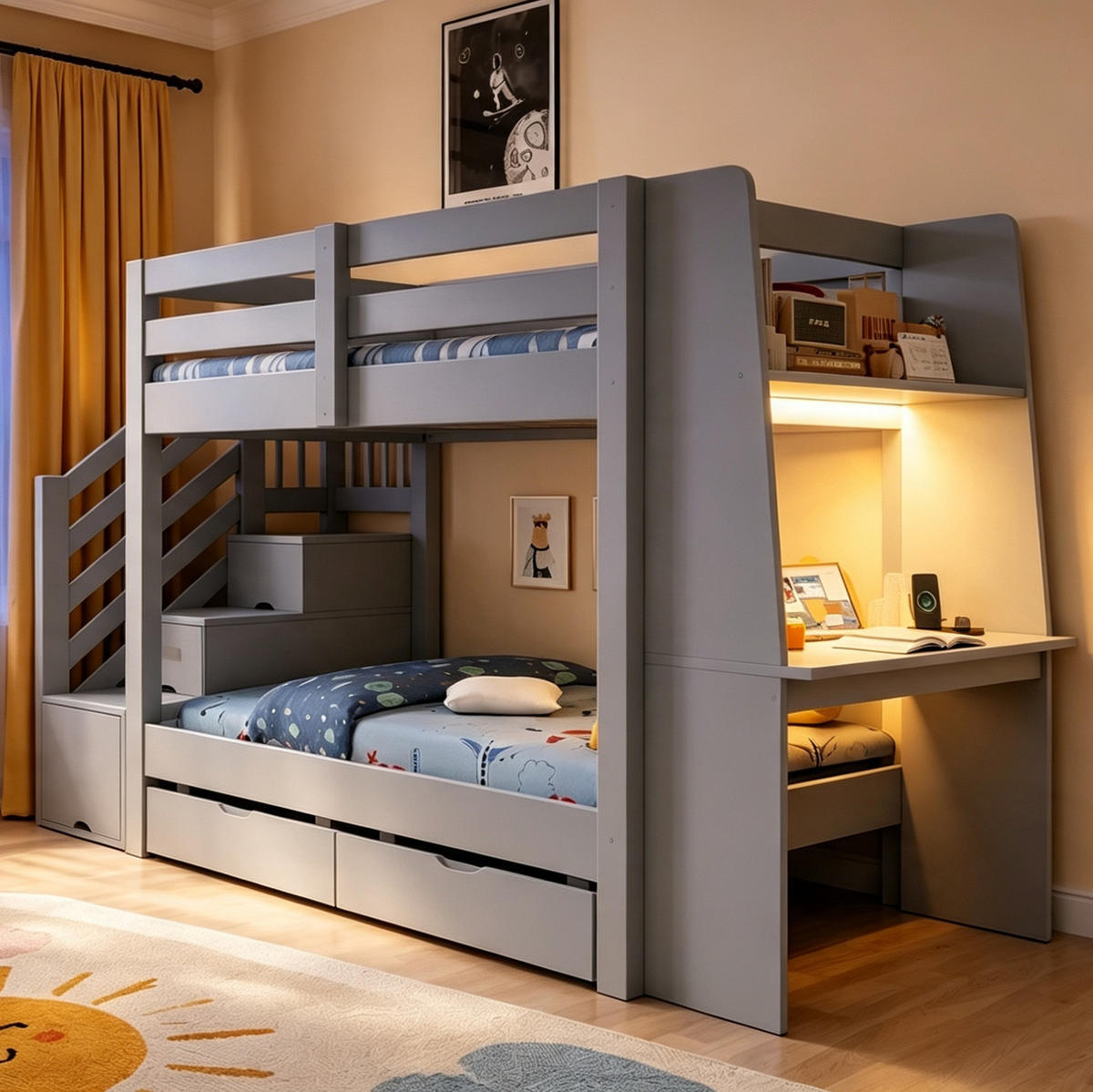 ETAGENBETT aus Holz 90x200 cm Grau mit Stauraumtreppe, Schreibtisch, LED und Steckdose - Grau, Holz (90/200cm) - Modfu