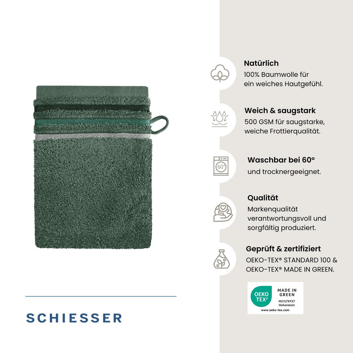 WASCHHANDSCHUHSET Skyline Color - 5-teilig - 16x22 cm - Dunkelgrün - Dunkelgrün, Textil (16/22cm) - SCHIESSER