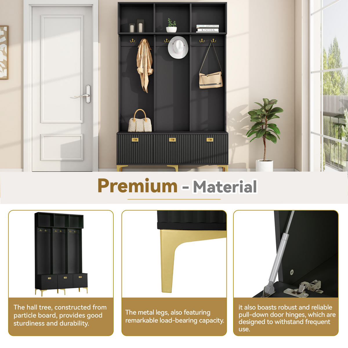 GARDEROBE Schwarz Bank 6 Gold Haken Flur Set 120x40x191cm - Schwarz, Holzwerkstoff (40/191/120cm) - FLIEKS