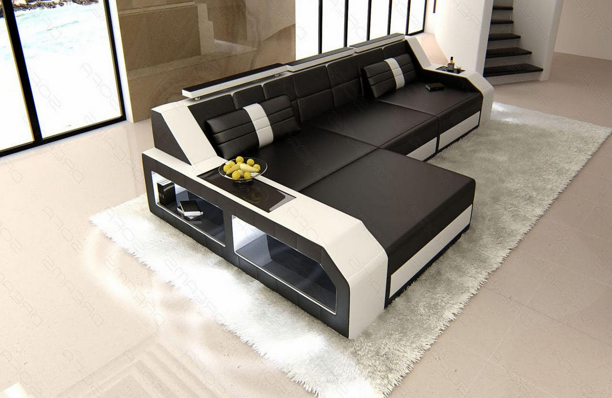 COUCH Arezzo L Schwarz Weiß Echtleder - Schwarz, Leder (308/194cm)