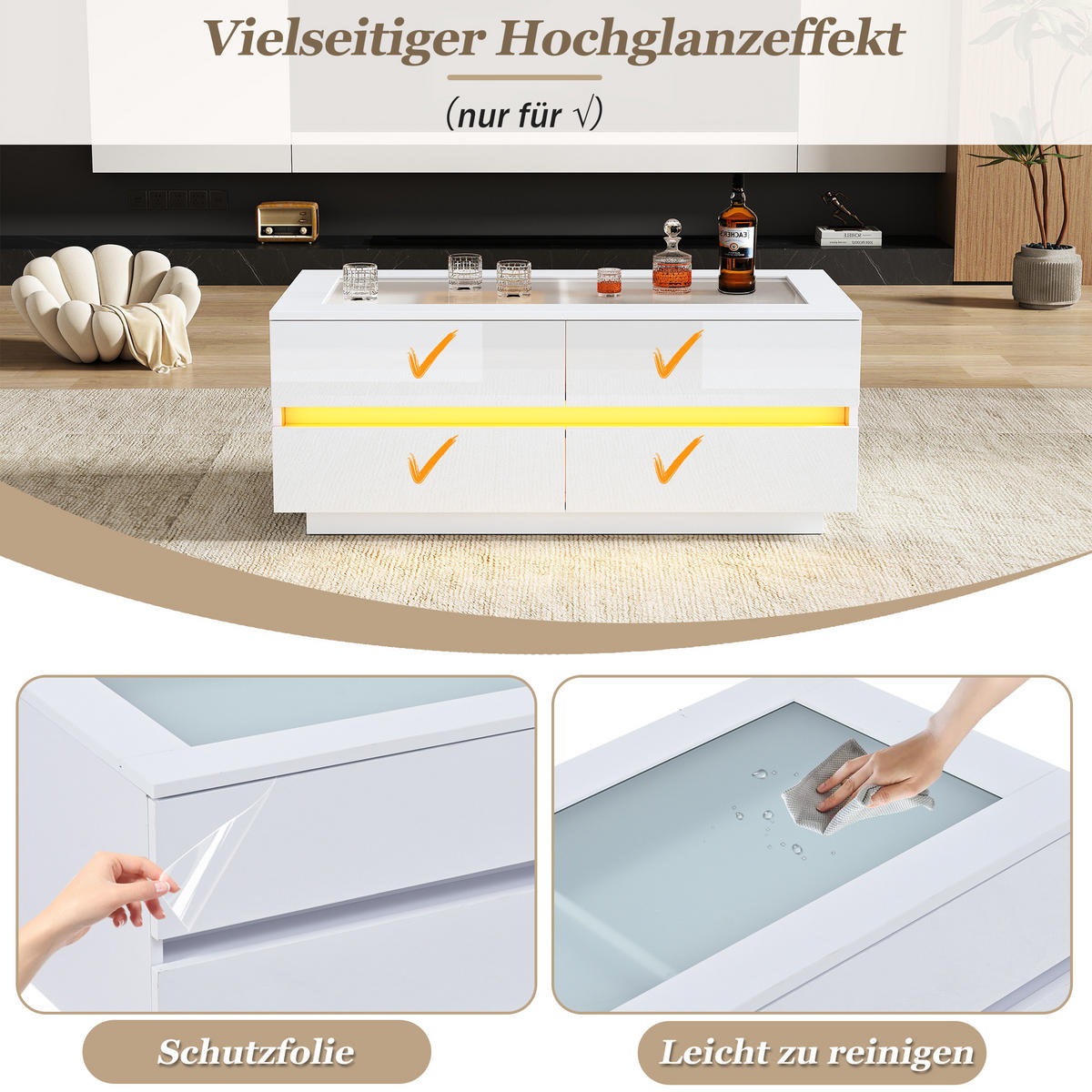 COUCHTISCH in Weiß mit 4 Schubladen und LED-Beleuchtung für Wohnzimmer, B100/T50/H30 cm - Weiß, Glas/Holzwerkstoff (50/100/40cm) - STILVORA