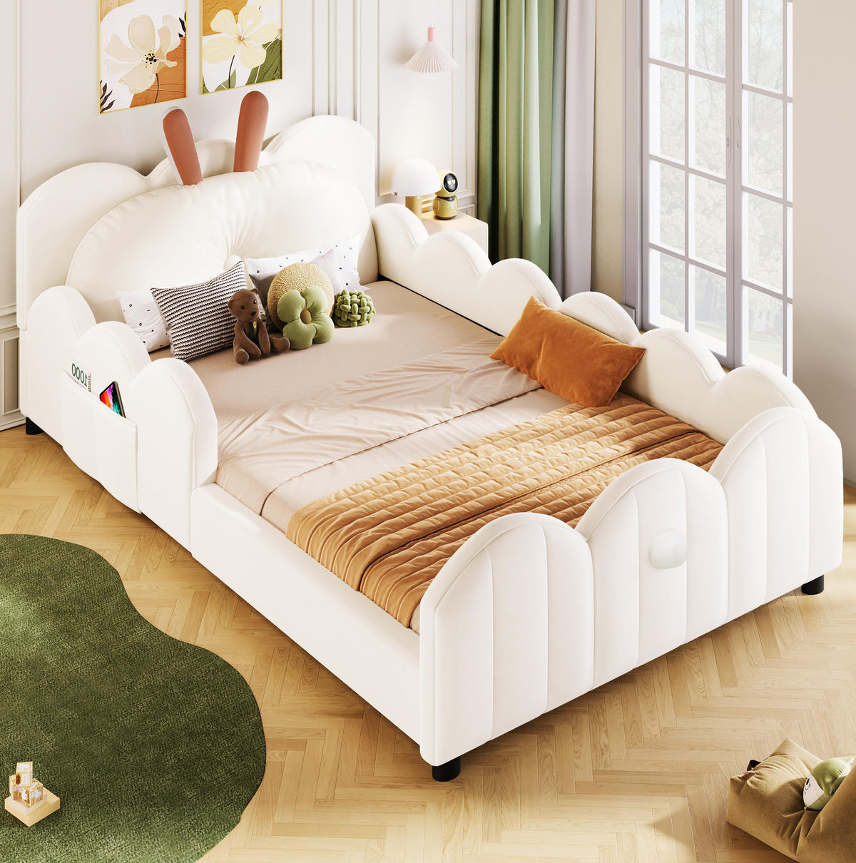 KINDERBETT 90x200 cm in Beige mit Kaninchenohren-Design und Schutzgitter - Beige, Holzwerkstoff (90/200cm) - IVMEU