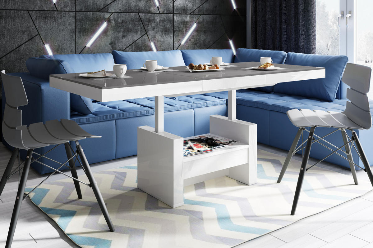 COUCHTISCH rechteckig Grau Weiß Hochglanz Höhenverstellbar ausziehbar 12/75/55 cm - Weiß Hochglanz/Grau, Holzwerkstoff (75/120/55cm)