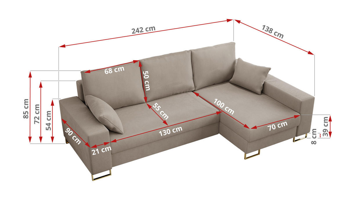 ECKSOFA Dorian Velvet Beige - Beige/Goldfarben, Textil/Metall (242/138cm) - MKS