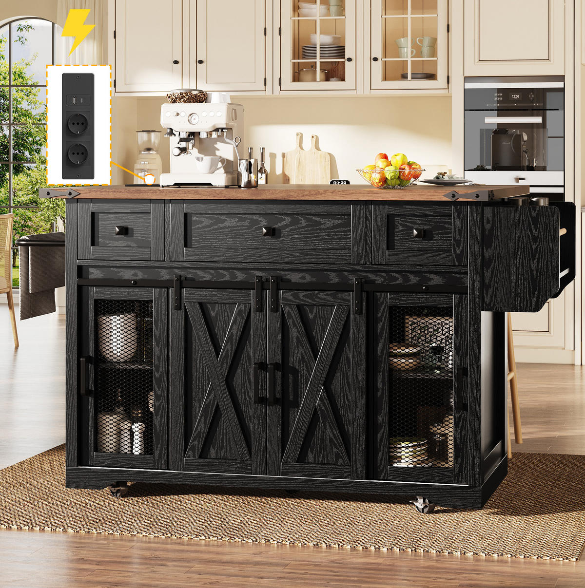KÜCHENINSELWAGEN mit Arbeitsplatte 120,2 x 45,3/75 x 91,5 cm Schwarz - Schwarz, Holz (45.3/91.5/120.2cm) - Beauniv