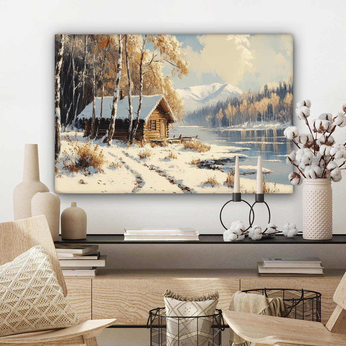 LEINWANDBILD Winter - Schnee - Zuhause - Natur Wanddeko 90x60 cm - Hellbraun, Textil (90/60cm) - MuchoWow