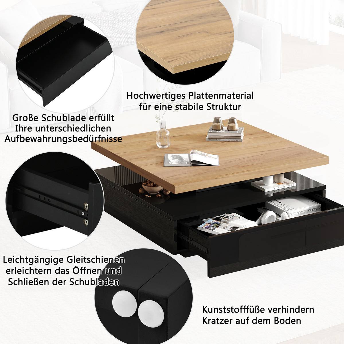 COUCHTISCH 70/70/36 cm mit 360° drehbarer Tischplatte und versteckter Schublade, Walnuss/Schwarz - Schwarz, Holzwerkstoff (70/70/36cm) - Redom