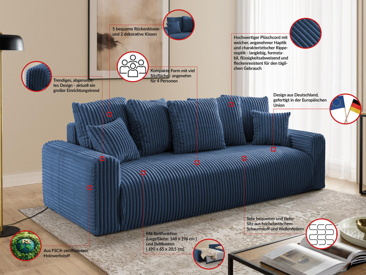 SCHLAFSOFA Calma mit Bettkasten im Bumpy-Design aus weichem Marineblau Plüschcord - Blau/Schwarz, Holz/Kunststoff (239/88/98cm) - S-Style