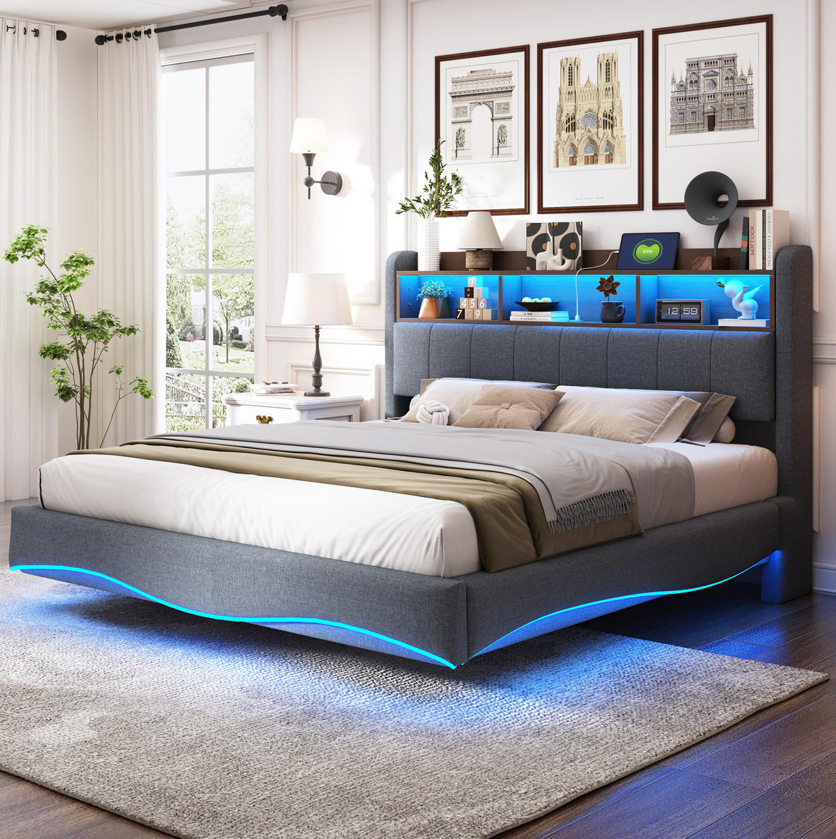 POLSTERBETT 160/200 cm grau aus Stoff mit LED-Beleuchtung - Grau, Textil (160/200cm) - OKMYHOME
