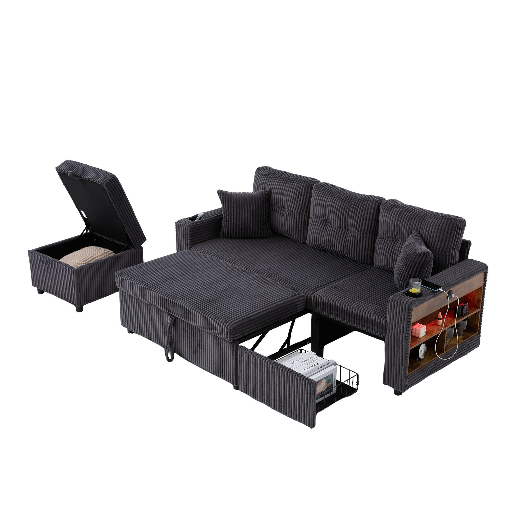 SCHLAFSOFA aus Cord mit Stauraum, Ausziehbett und USB-C - Dunkelgrau, Textil (196/85/82cm)