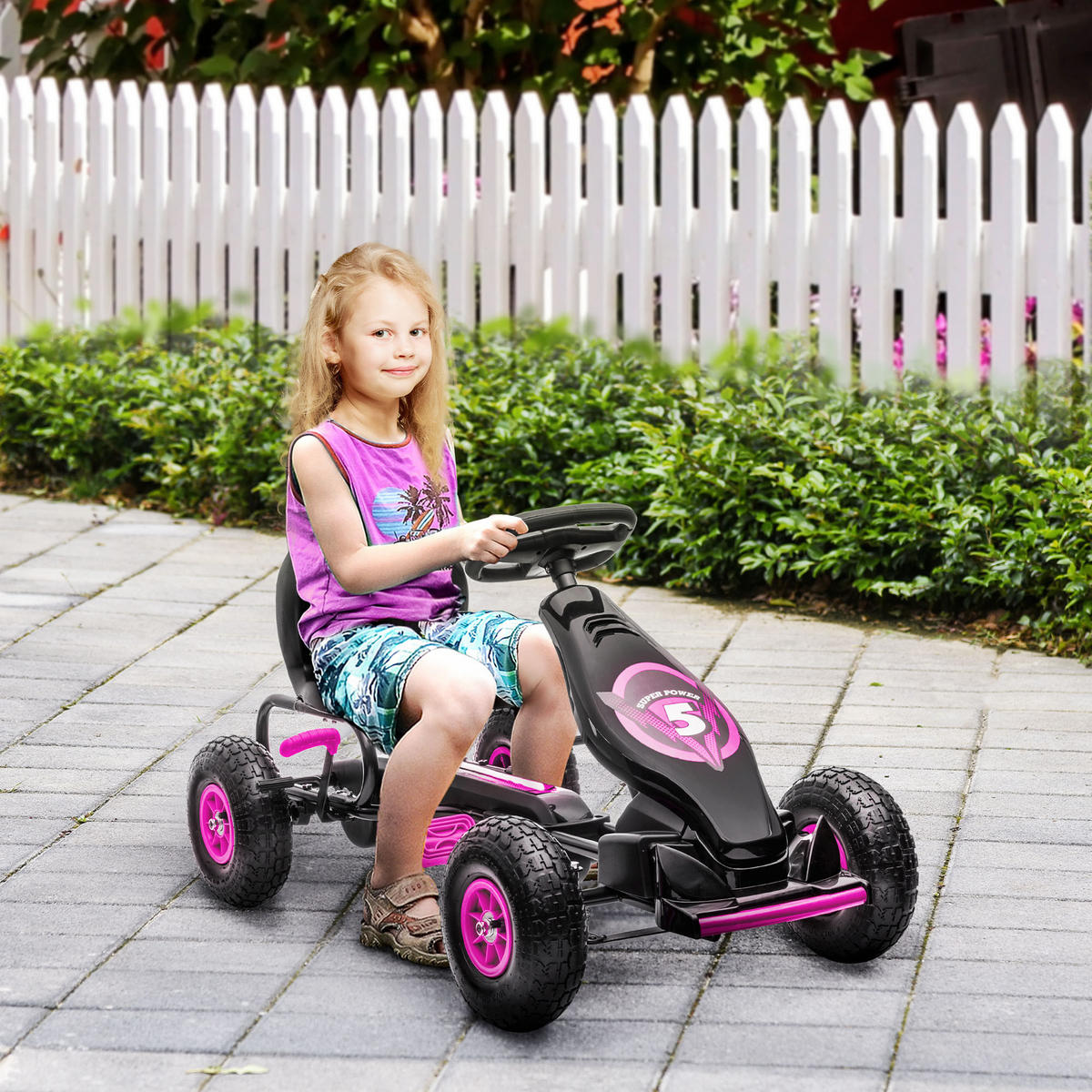 KINDER-GOKART, mit Pedalen, verstellbarem Sitz, ab 5 Jahren - Schwarz/Rosa, Kunststoff/Metall (121/58/61cm) - HOMCOM
