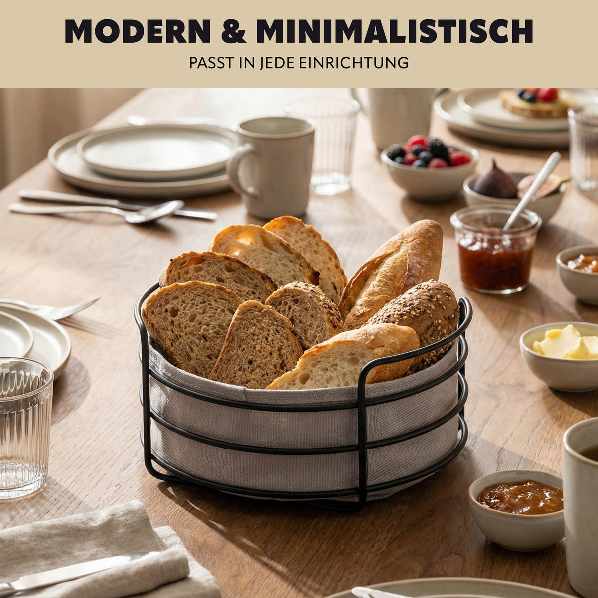 BROTKORB mit abnehmbarem Bezug, rund, schwarz, Metall - Schwarz, Metall (30/11cm) - eluno