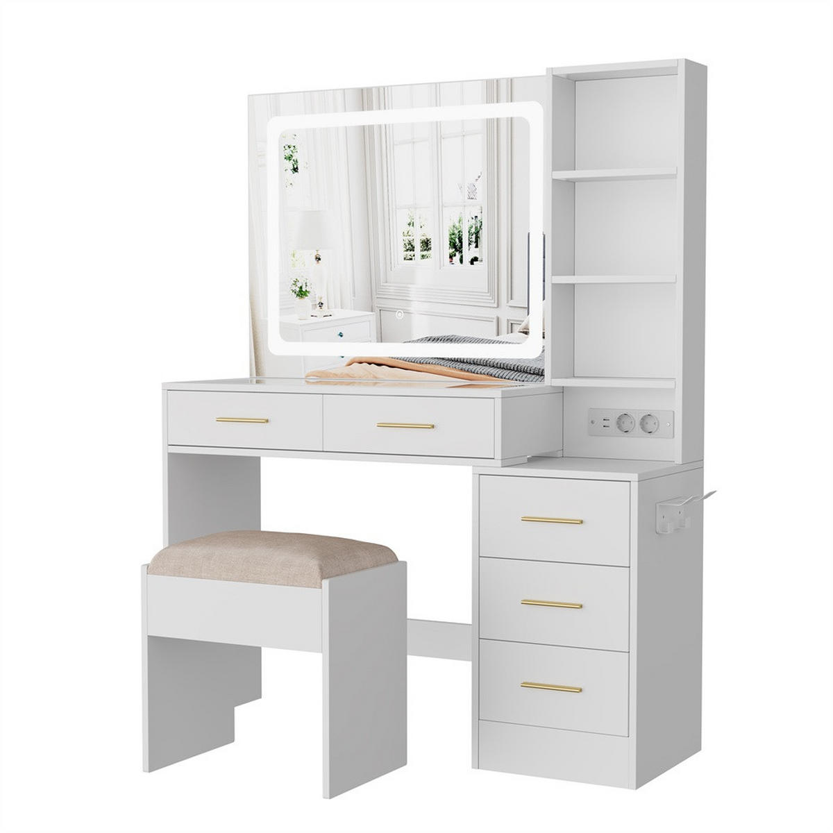 SCHMINKTISCH - Frisiertisch mit LED-Lichtspiegel und Ladestation - Glasplatte und Hocker - Weiß - Weiß, Holzwerkstoff (36/140/110cm) - DELFA