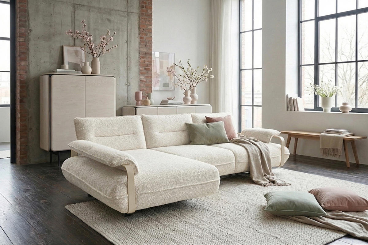ECKSOFA ANISSA Cremeweiß Flachgewebe - Creme/Schwarz, Kunststoff/Textil (297/185cm) - KAWOLA