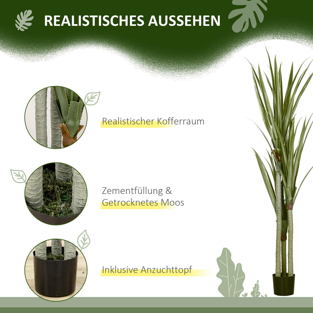 KUNSTPFLANZE Yucca 17/17/190 cm - Smaragdgrün/Schwarz, Holz/Kunststoff (190cm) - HOMCOM