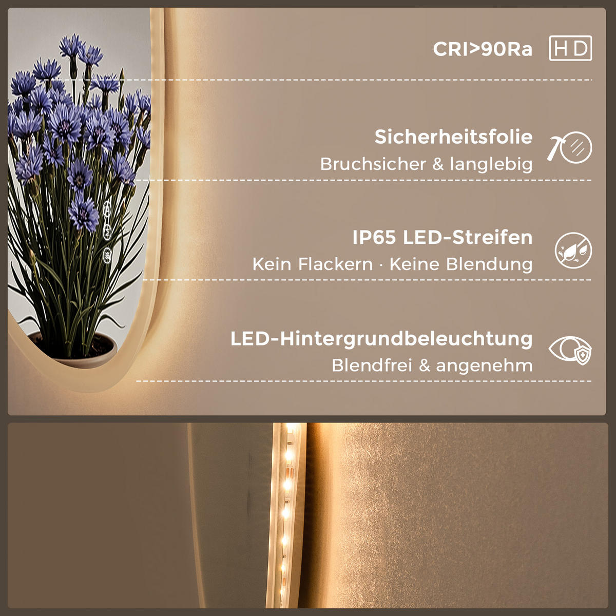 BADSPIEGEL mit Beleuchtung 70/50 cm asymmetrisch rahmenlos LED dimmbar mit Antibeschlag - Transparent, Glas (50/70/2.5cm) - S'AFIELINA