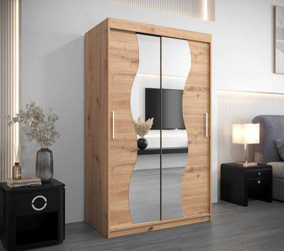 SCHWEBETÜRENSCHRANK 200/120/62 2-türig - Silberfarben/Eiche Artisan, Holz/Kunststoff (120/200/62cm) - Abiks Möbel