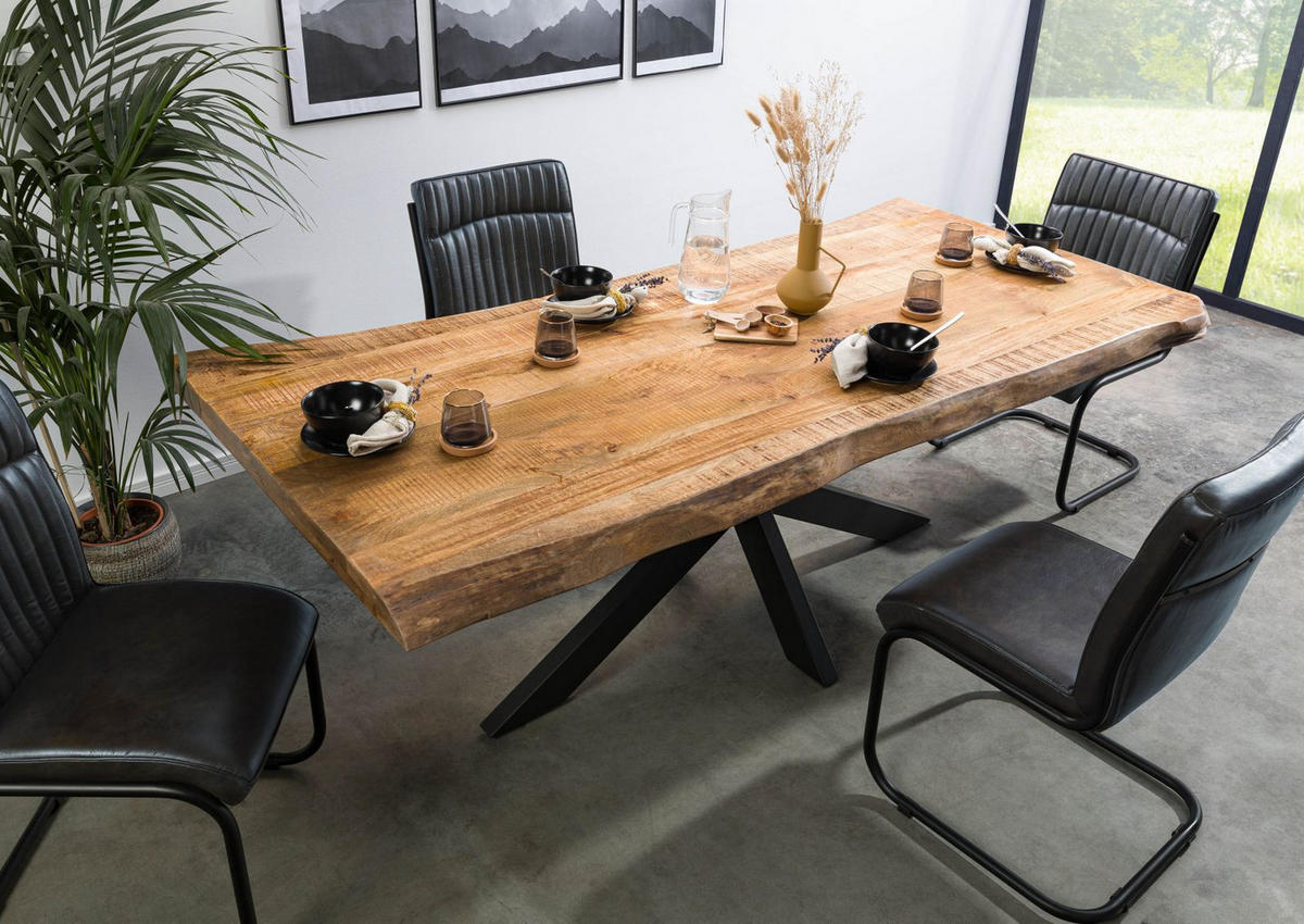 BAUMTISCH Mango 180x90x77 natur lackiert / Kreuzgestell anthrazit matt FREEFORM 5 - Braun, Holz (90/180/77cm) - Massivmoebel24