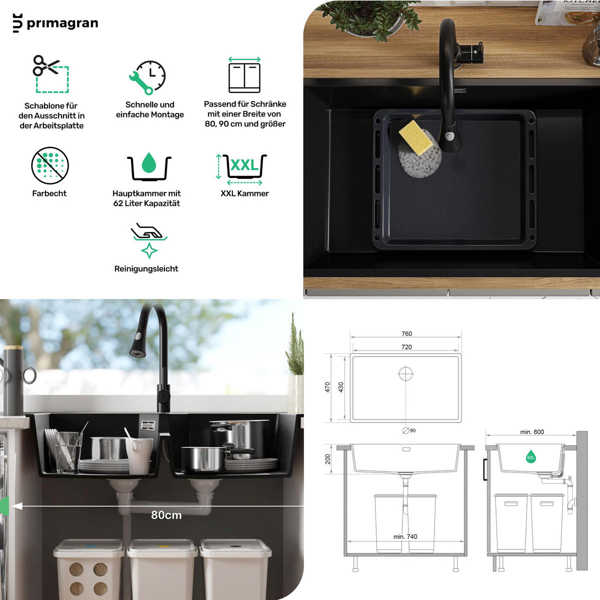SPÜLBECKEN London Slim, 2-er set Weiß 76/47 cm 1 Becken + Ablauf-Set ab 80er Unterschrank - Chromfarben/Weiß, Kunststoff (76/20/47cm) - Primagran