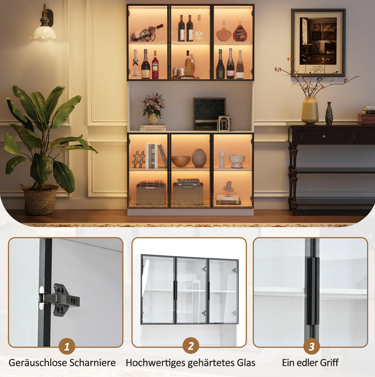 VITRINE 120/34/200 cm aus MDF und Glas mit LED-Beleuchtung und Sanftschluss Weiß - Weiß, Holzwerkstoff (120/200/34cm) - Modenvie