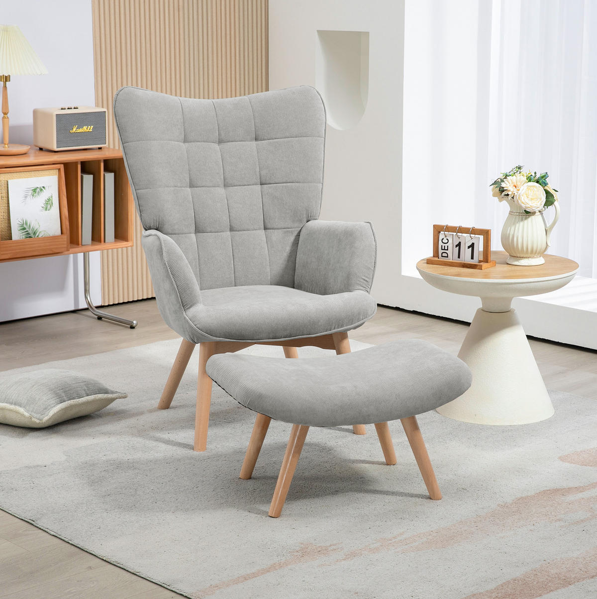 OHRENSESSEL 72/80/101 cm in Grau mit Hocker und Buchenholzbeinen - Grau, Textil (72/101/80cm) - Flora Grace