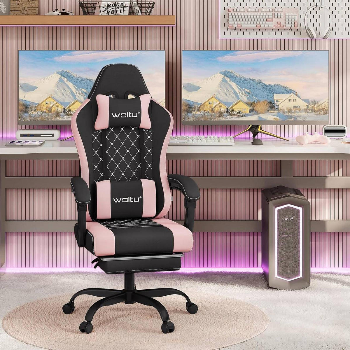 GAMINGSTUHL mit Massagefunktion, Netzstoff, Schwarz+Rosa - Schwarz/Rosa, Textil/Metall (70/127/70cm) - Woltu