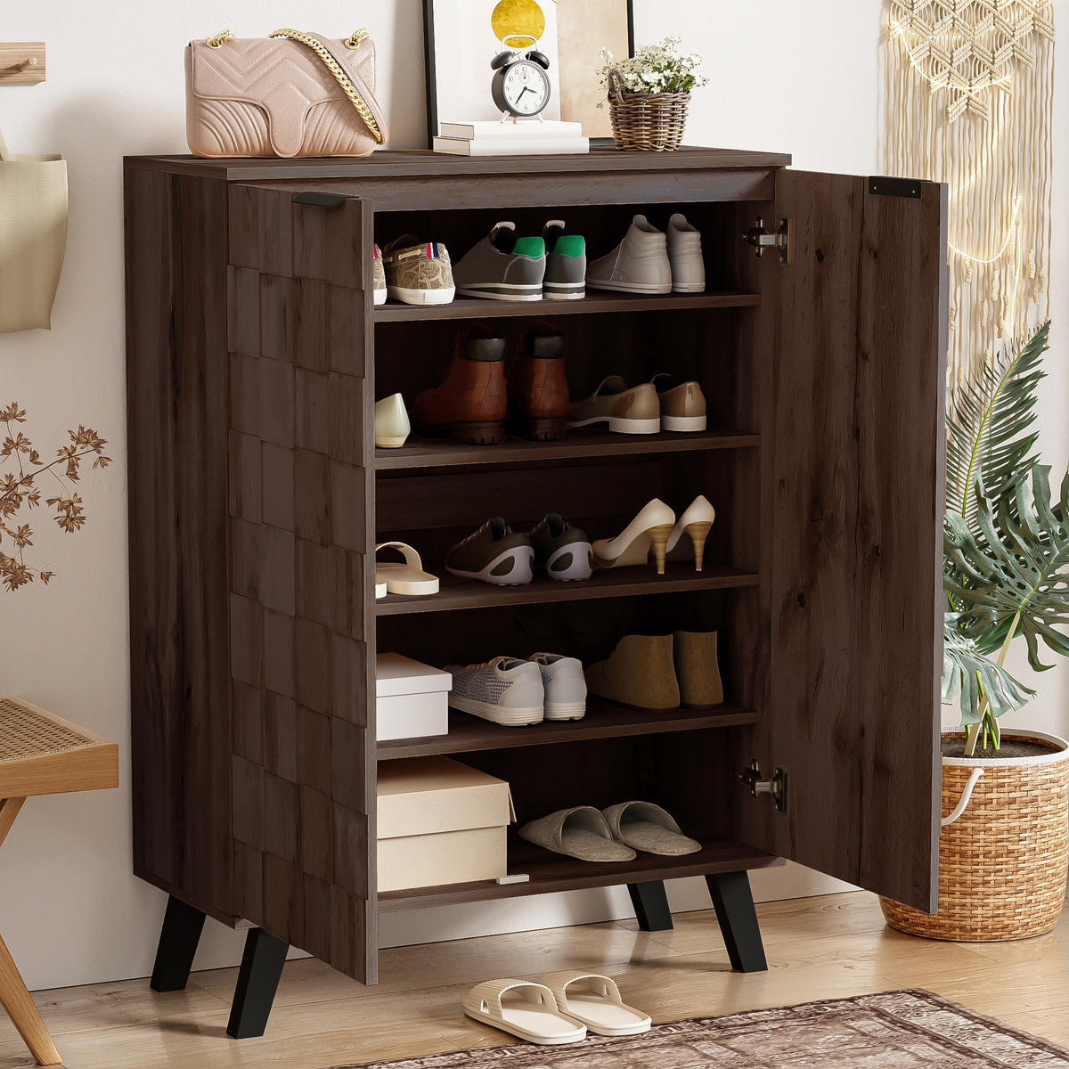 SCHUHSCHRANK 80cm 5 Fächer Holzmaserung verstellbar modern - Naturfarben, Holzwerkstoff (35.5/110/80cm) - FLIEKS