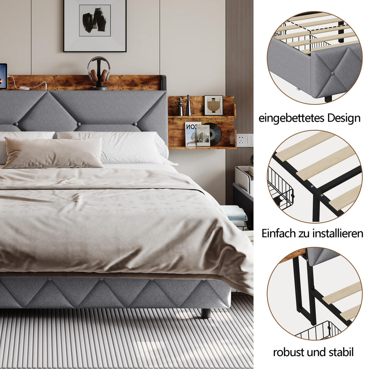 POLSTERBETT 140x200 cm 4 Schubladen USB Kopfteil grau - Grau, Holz (140/200cm) - LEBENLANG