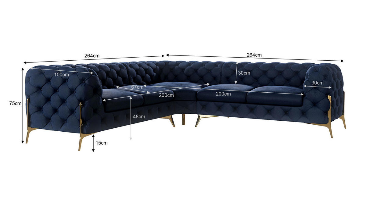 ECKSOFA Chesterfield Lexi Marineblau Samt - Goldfarben/Dunkelblau, Holz/Textil (264/264cm) - S-Style Möbel