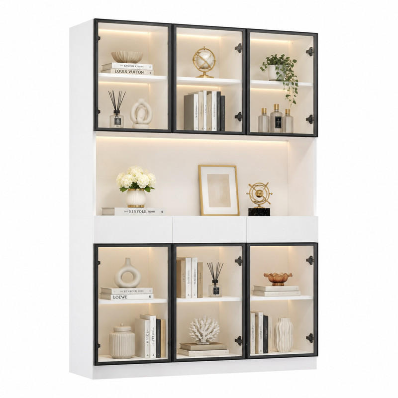 VITRINENSCHRANK mit LED 240 x 200 cm Weiß mit schwarzem Aluminiumrahmen - Weiß, Holzwerkstoff (240/200/36cm) - Beauniv