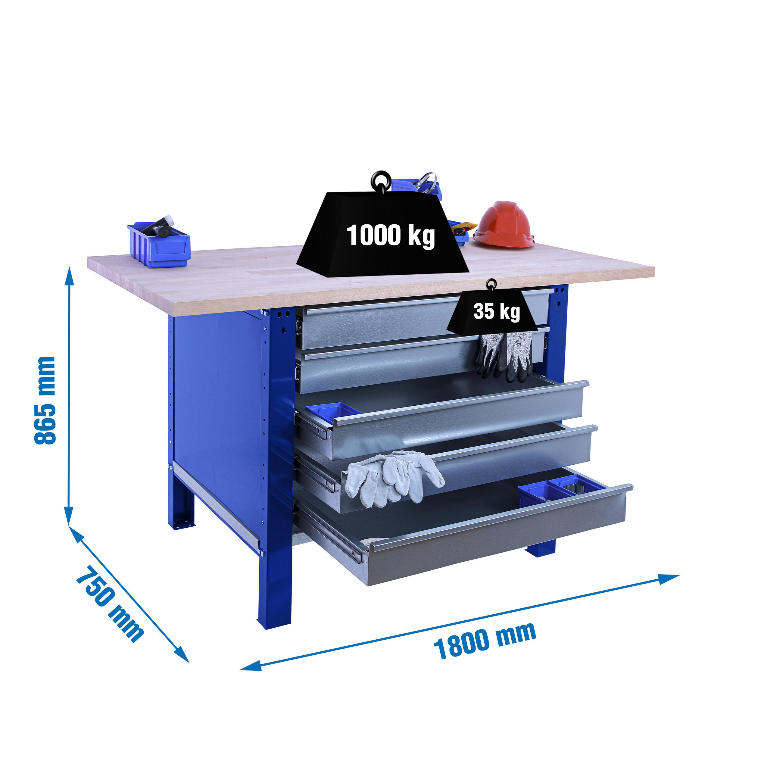 WERKBANK Buffalo Wood mit 5x Schublade HxBxT 86,5 x 180 x 75 cm Traglast 1000 kg Blau - Blau, Metall (180/86.5/75cm) - PROREGAL