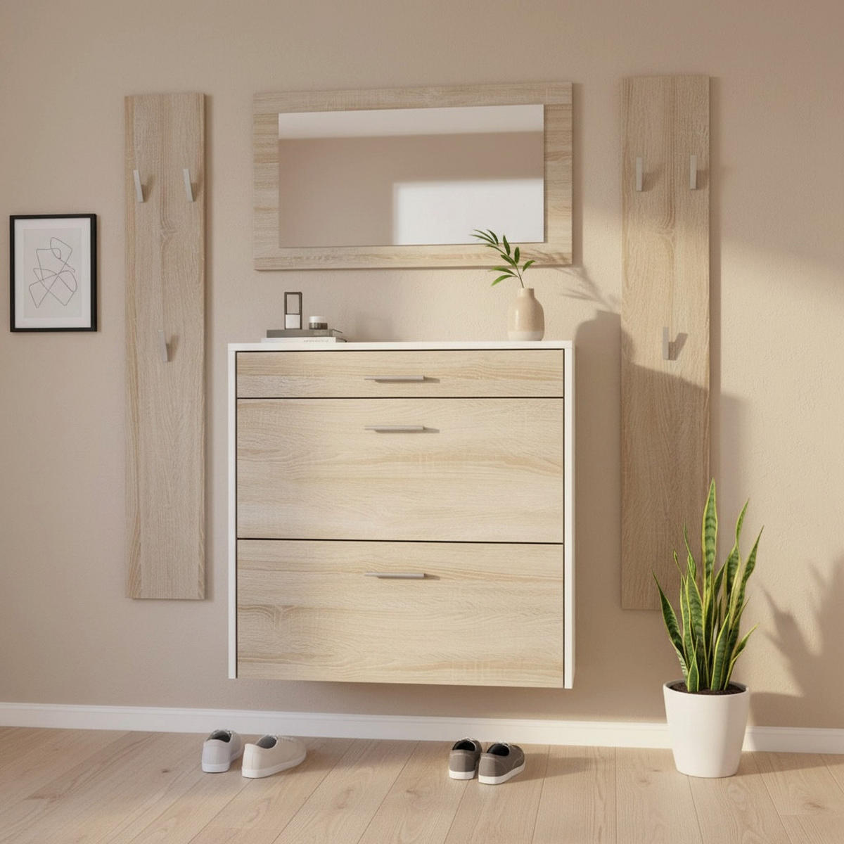 GARDEROBEN-SET Roma Air 4-teilig, Moderne Flurgarderoben Set mit Schuschrank, 2 Wandpaneele und Wandspiegel, Weiß matt/Eiche Sägerau - Eiche San Remo, Holzwerkstoff (190/200/23cm) - InnoFurn