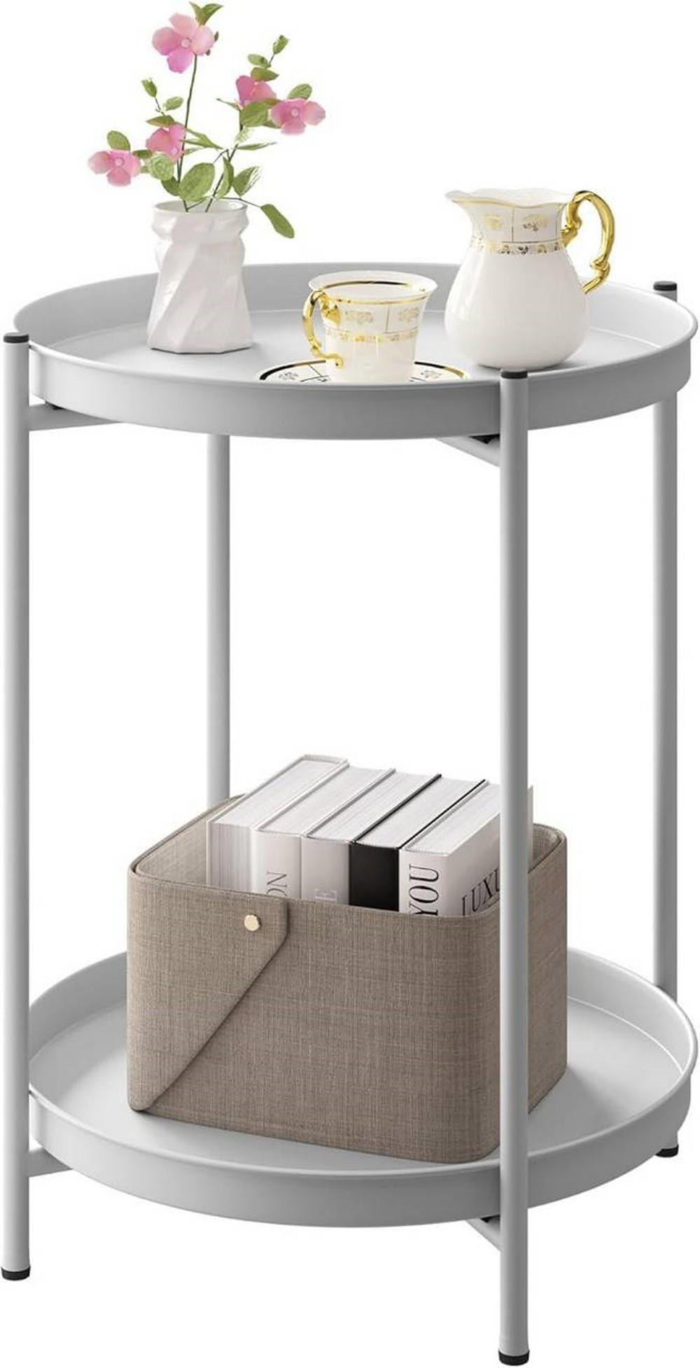 COUCHTISCH rund, mit Stauraum, Metall, Hellgrau - Hellgrau, Metall (44/44/53cm) - Woltu