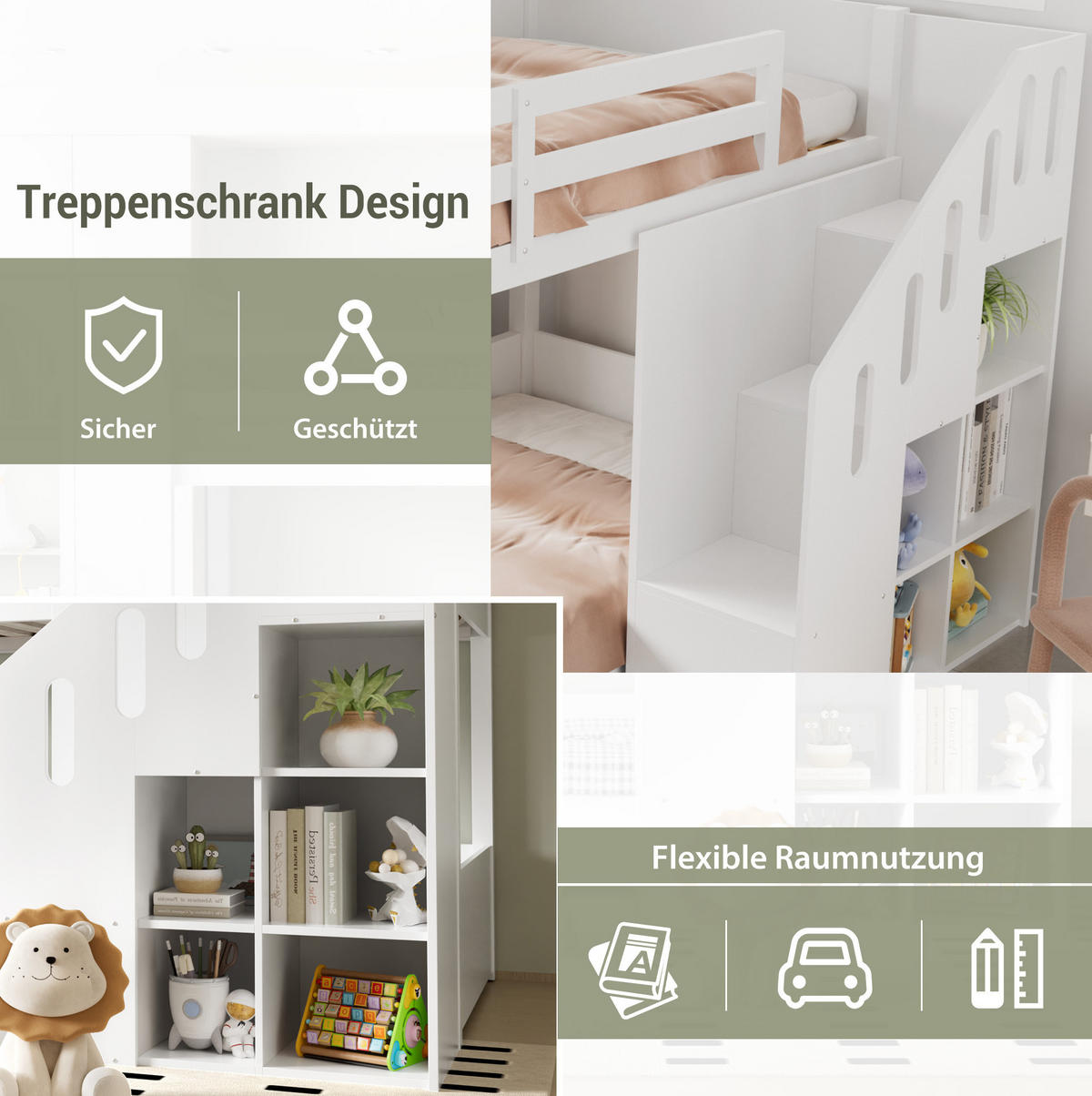 ETAGENBETT 90/200 cm mit Stauraumtreppe und Schließfächern, stabilem Geländer, Massivholz, Weiß - Weiß, Holz (90/200cm) - Redom