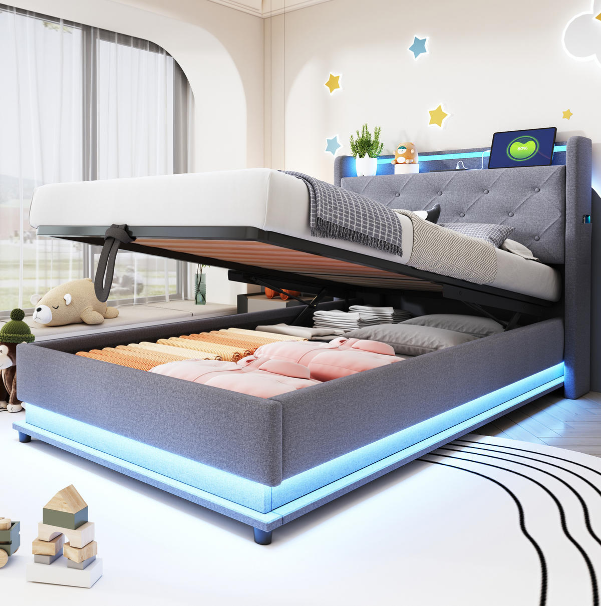 POLSTERBETT 90/200 cm Grau mit hydraulischem Stauraum und USB-Anschlüssen - Grau, Textil (90/200cm) - OKWISH