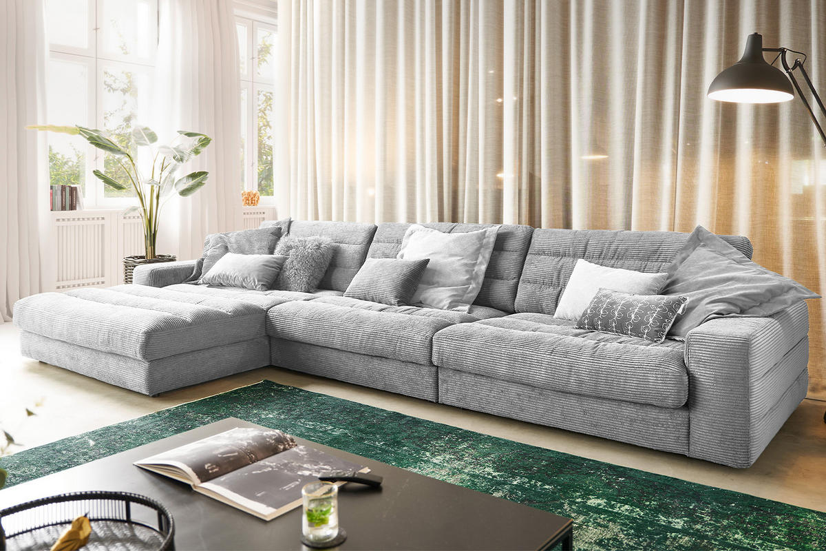ECKSOFA XL LANA Hellgrau Cord - Hellgrau/Schwarz, Textil (416/205cm) - KAWOLA