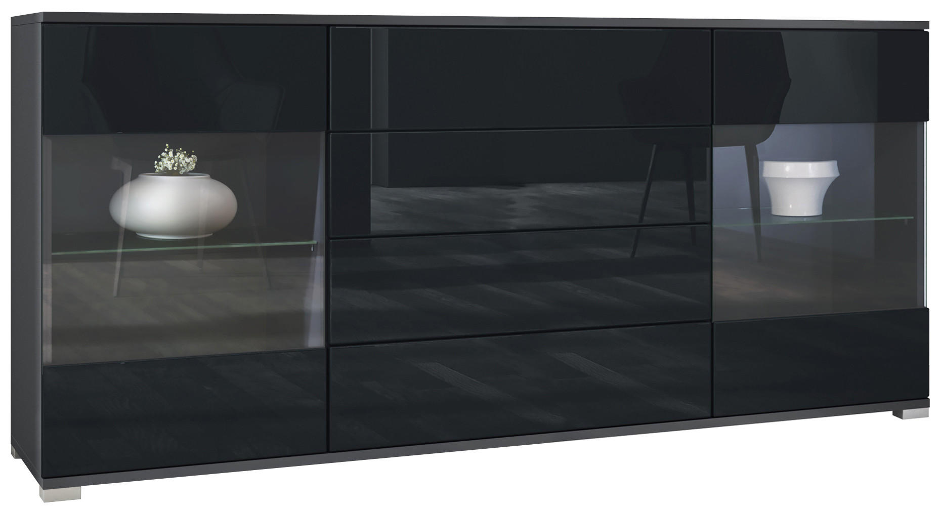 SIDEBOARD Bari Schwarz Hochglanz - Schwarz Hochglanz, Holzwerkstoff (166.5/75.5/35cm) - Vladon
