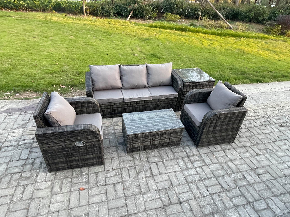 GARTENMÖBELSET mit Couchtisch Polyrattan 5-Sitzer - Dunkelgrau/Grau, Glas/Kunststoff - Fimous