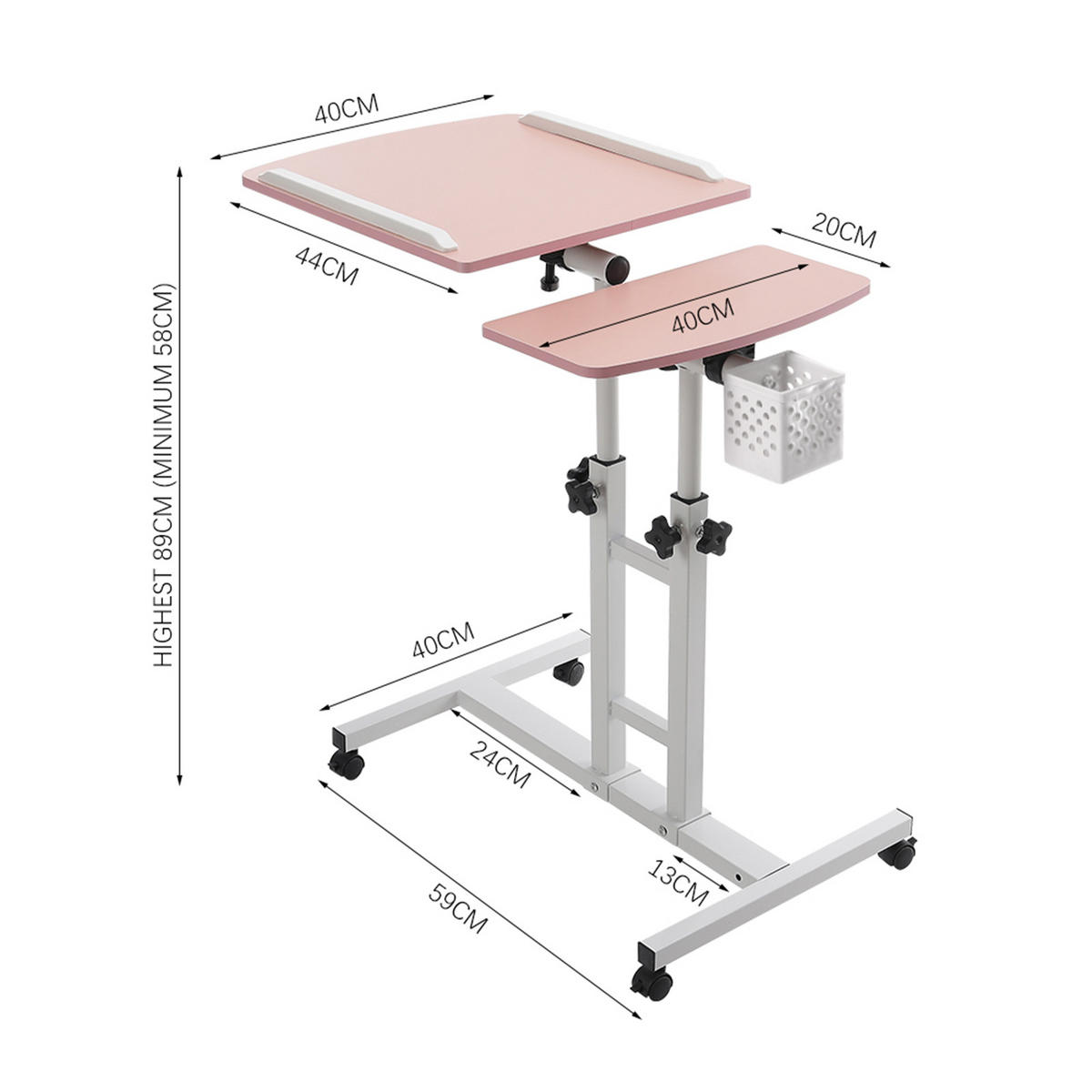 LAPTOPTISCH mit Rollen in Rosa Höhen- und Winkelverstellbarer mobiler - Pink, Metall (40/44/89cm) - Livingandhome