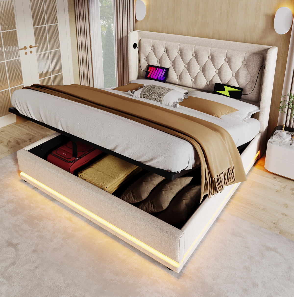 POLSTERBETT 140/200 cm Beige mit Bettkasten, LED-Beleuchtung und Matratze - Beige, Textil (140/200cm) - Flora Grace