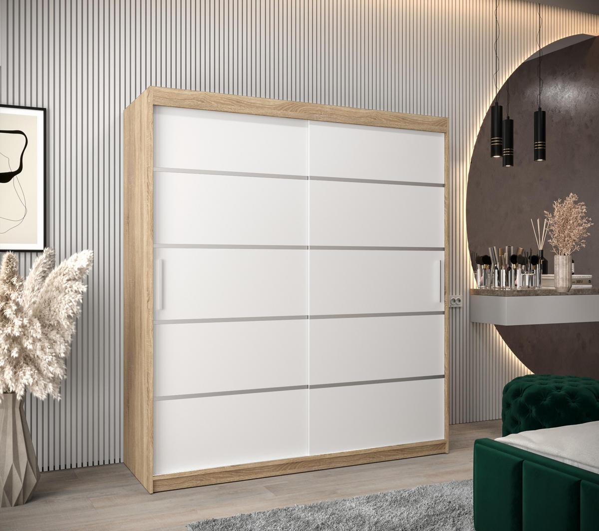 SCHWEBETÜRENSCHRANK 200/180/62 2-türig - Silberfarben/Weiß, Holz/Kunststoff (180/200/62cm) - Abiks Möbel