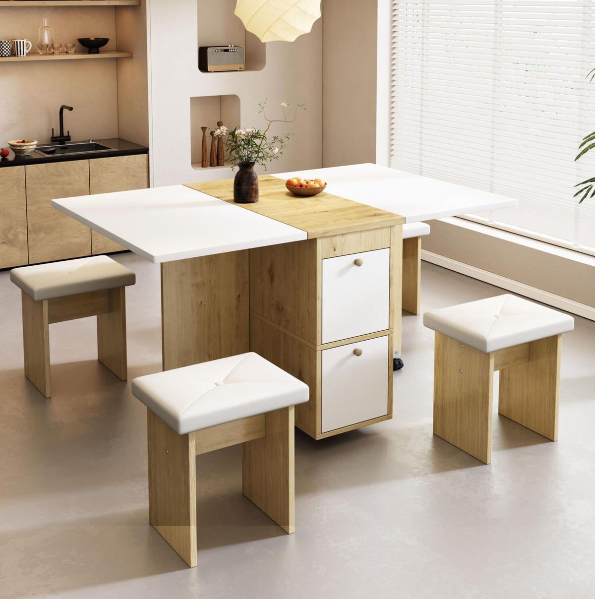 TISCHGRUPPE für 4 Personen klappbar und ausziehbar in Weiß/Eiche - Weiß, Holzwerkstoff (80/75/120cm) - BEAOK