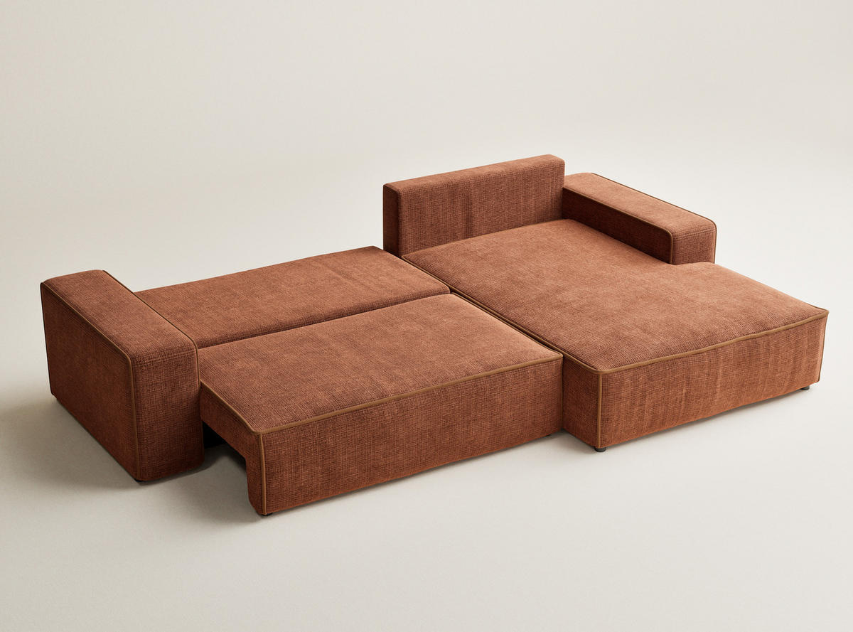 ECKSOFA MIT SCHLAFFUNKTION Modo Beige grau Chenille-Stoff - Rechts Seite - Rostfarben/Schwarz, Holz/Holzwerkstoff (294/185cm) - Maison de Reve