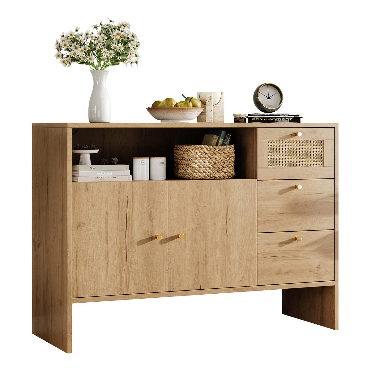 SIDEBOARD 105/40/76 cm natur aus Spanplatte mit Rattanfronten - Naturfarben, Holzwerkstoff (105/76/40cm) - OKWISH